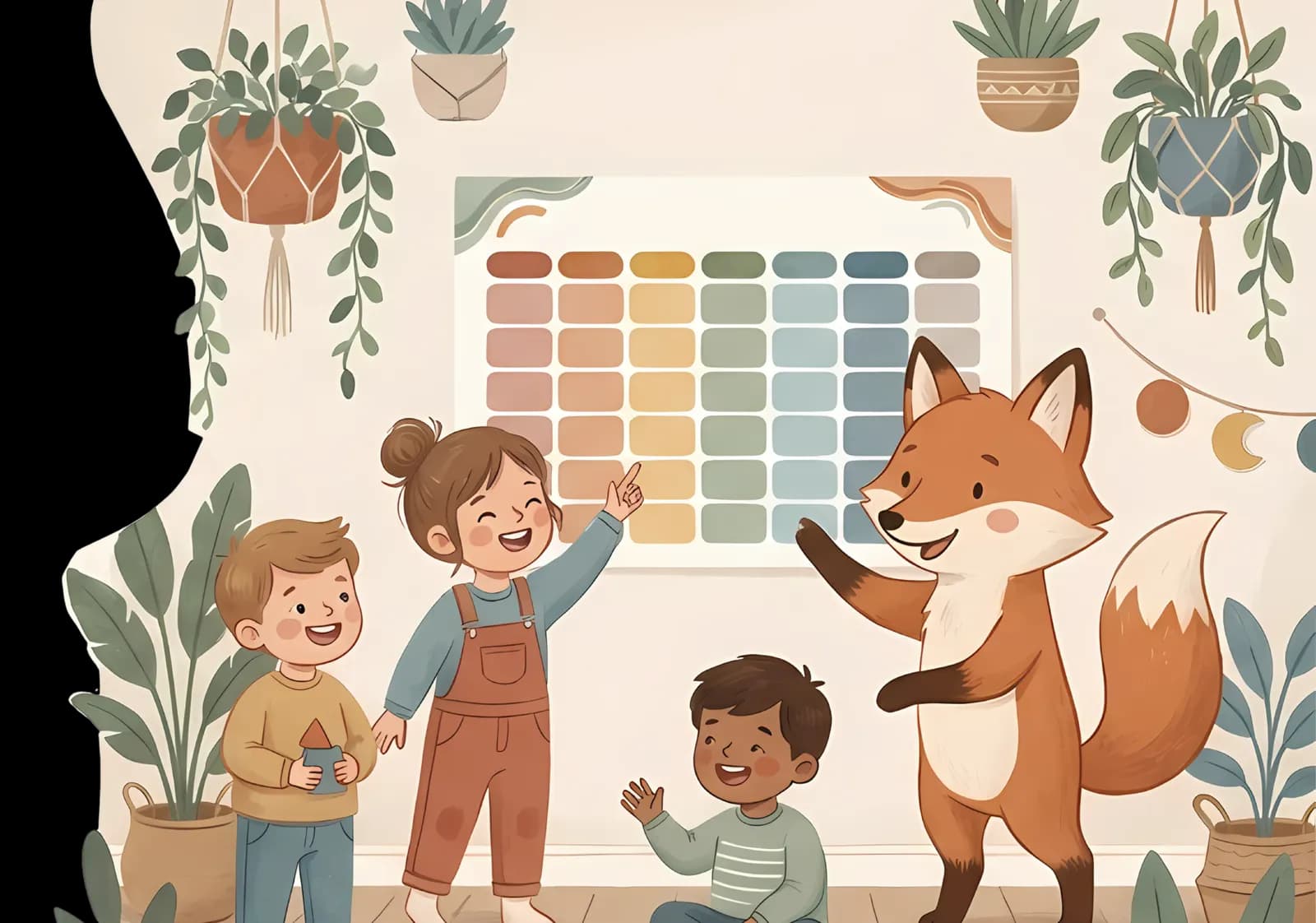 Kinder und Fuchs am bunten Wochenplan